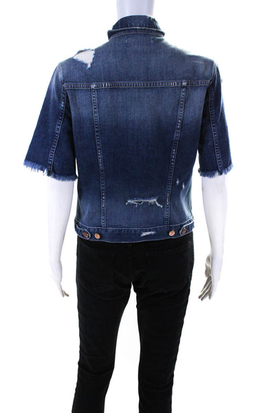 Genetic Denim Womens Button Front Distressed Short Sleeve Jean Jacket Blue Small