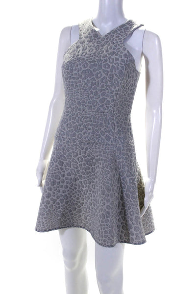 Tibi Womens Back Zip Sleeveless V Neck Leopard Print A Line Dress Gray Size 0