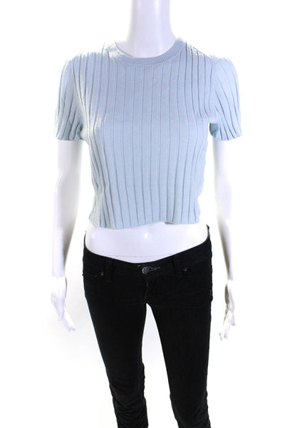 Proenza Schouler Womens Wool Ribbed Knit Short Sleeve Sweater Blue Size S