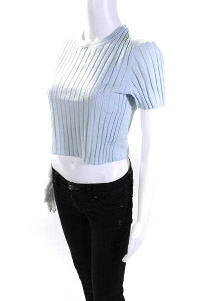 Proenza Schouler Womens Wool Ribbed Knit Short Sleeve Sweater Blue Size S