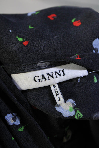 Ganni Womens Silk Floral Print Tied Knot Short Sleeve Dress Black Size EUR38
