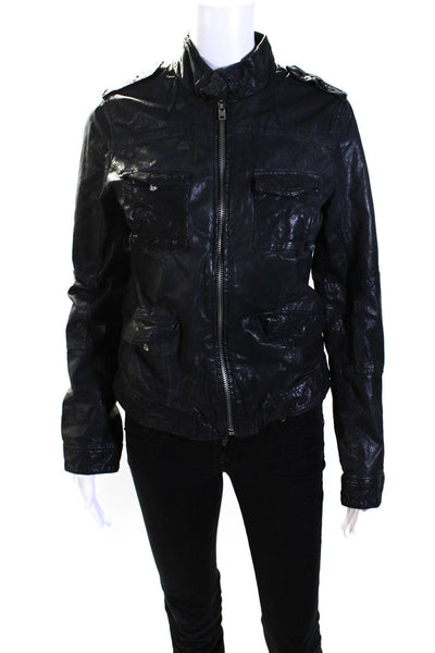 Q40 Womens Faded Black Leather Mock Neck Full Zip Long Sleeve Jacket Size M