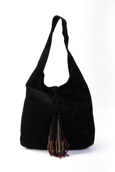 Laggo Womens Black Suede Floral Embroidered Tassel Detail Hobo Shoulder Handbag