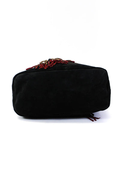Laggo Womens Black Suede Floral Embroidered Tassel Detail Hobo Shoulder Handbag
