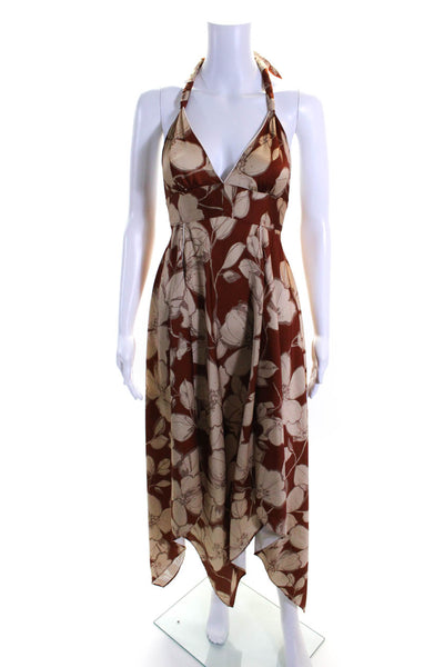 Alexis Womens Brown Floral Print V-Neck Sleeveless Hi-Low Dress Size XS