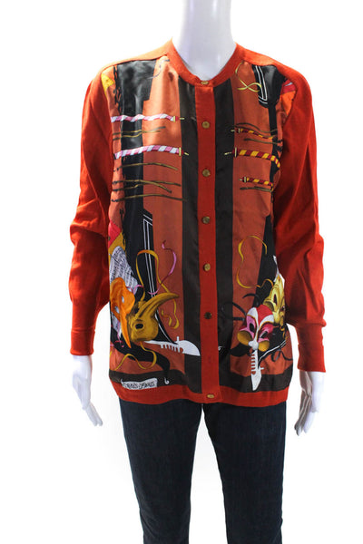 Hermes Womens Orange Graphic Silk Wool Crew Neck Cardigan Sweater Top Size 38