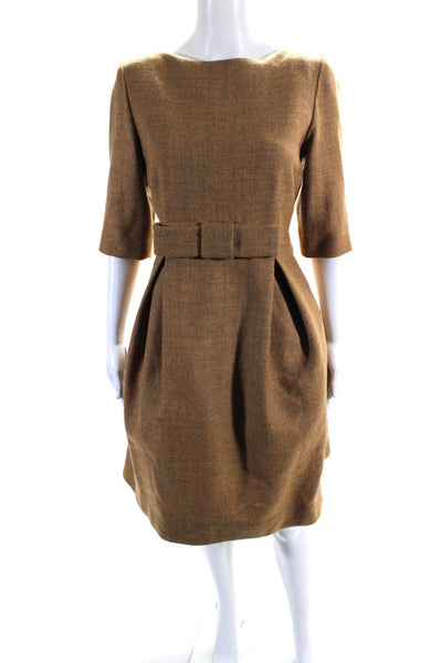 Lee Anderson Couture Womens 3/4 Sleeves Pleated Bow Waist A Line Dress Brown Siz