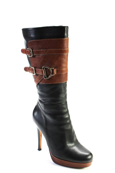 Cole Haan Womens Leather Gold Buckle Mid Calf Boots Black Brown Size 6 B