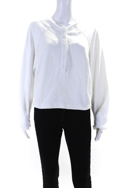 LNA Womens Long Sleeve Half Buton Crew Neck Cropped Sweatshirt White Size Medium