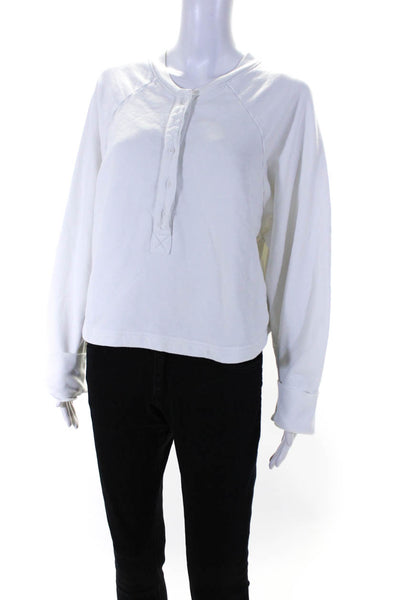 LNA Womens Long Sleeve Half Buton Crew Neck Cropped Sweatshirt White Size Medium