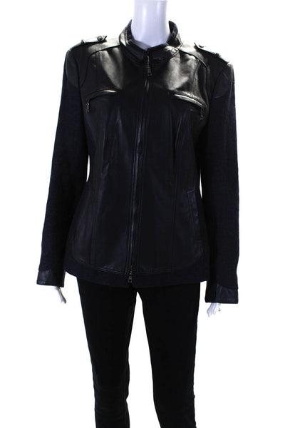 BASLER Womens Leather Paneled Full Zip Long Sleeve Short Jacket Blue Size 42