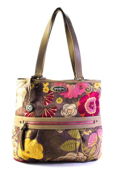 Spartina 449 Womens Floral Print Leather Trim Top Handle Bag Brown Size M