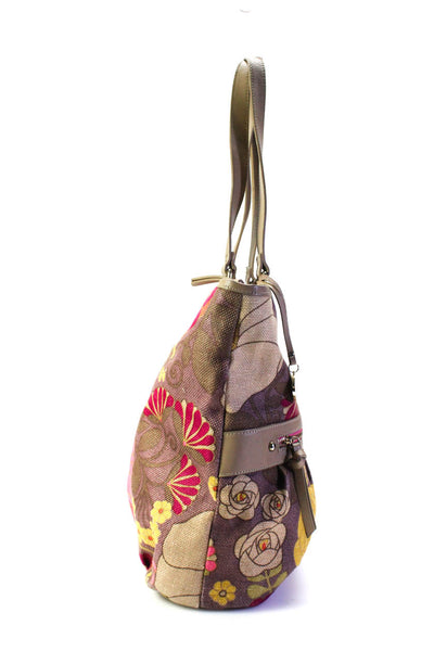 Spartina 449 Womens Floral Print Leather Trim Top Handle Bag Brown Size M