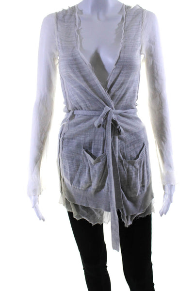 Chan Luu Womens Patchwork Open Sheer Long Sleeve Belted Cardigan Gray Size S