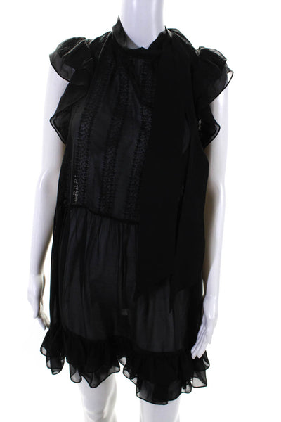Ulla Johnson Womens Cap Sleeved Lace Sheer Tied Neck A Line Dress Black Size S