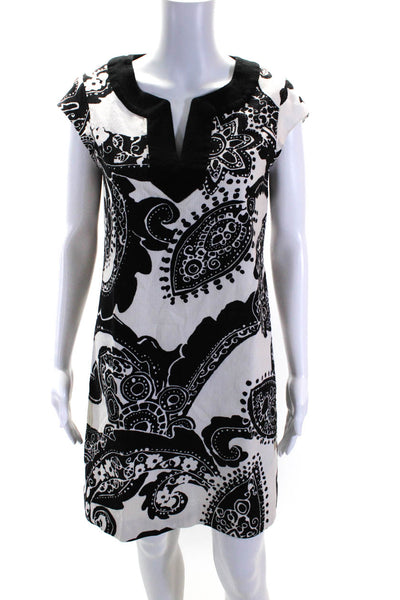 Kate Spade Abstract Floral Cap Sleeve Y Neck Sheath Dress Black White Size 8