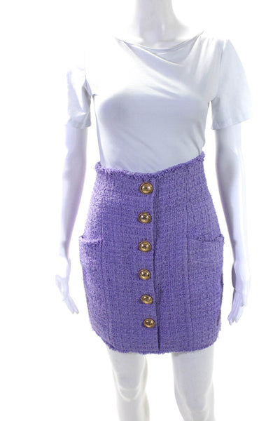 Balmain Womens Button Front Tweed Fringe Mini Pencil Skirt Light Purple IT 38