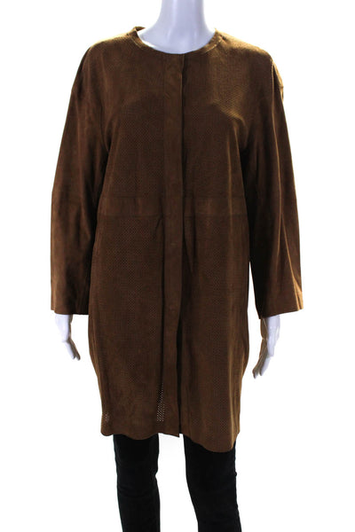 Gerard Darel Womens Suede Perforated Long Sleeve Overcoat Coatigan Brown Size 42