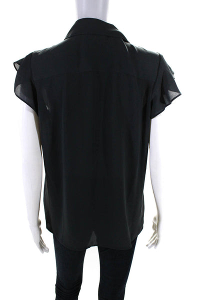 Calvin Klein Womens Cap Sleeved Ruffled V Neck Collar Buttoned Shirt Gray Size M