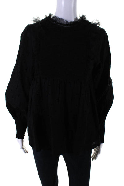 The Great Women's Round Neck Long Sleeves Ruffe Smoked Blouse Black Size 0