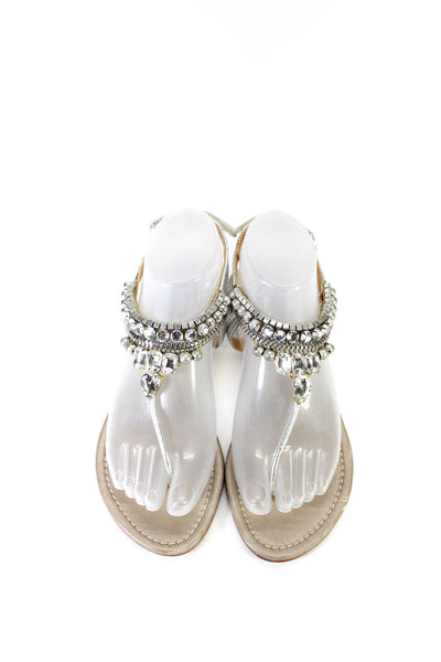 Les Tropeziennes Womens Metallic Leather Beaded Thing Sandals Silver Size 37 7
