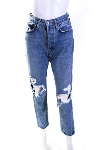 Agolde Womens High Waist Button Fly Distressed Slim Straight Jeans Blue Size 24