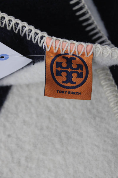 Tory Burch Navy/White Printed Wool Stitched Edge Throw Blanket