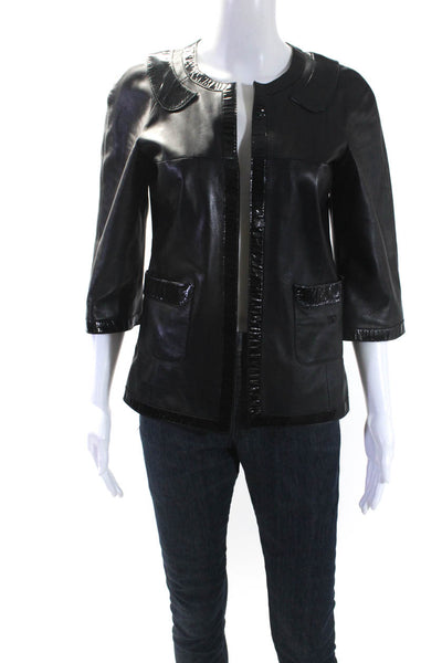 Chanel Womens 3/4 Sleeve Open Front Leather Jacket Black Size FR 36 07P