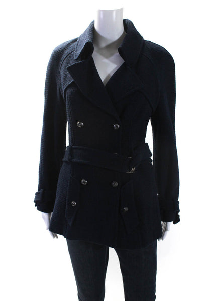 Chanel Womens Double Breasted Collared Knit Jacket Navy Blue Cotton FR 38 08C