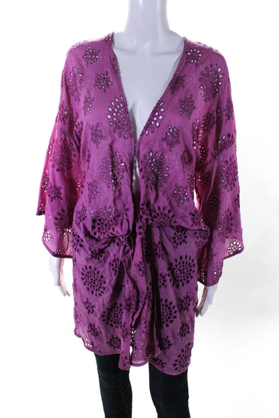 Vix Paula Hermanny Womens Cut Out Embroidered Tie Closure Kimono Purple Size M
