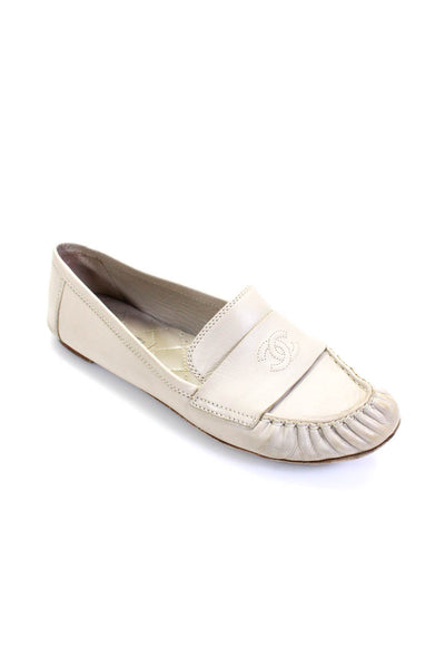 Chanel Womens Leather Embroidered Round Toe Slip On Loafers Beige Size 40 10