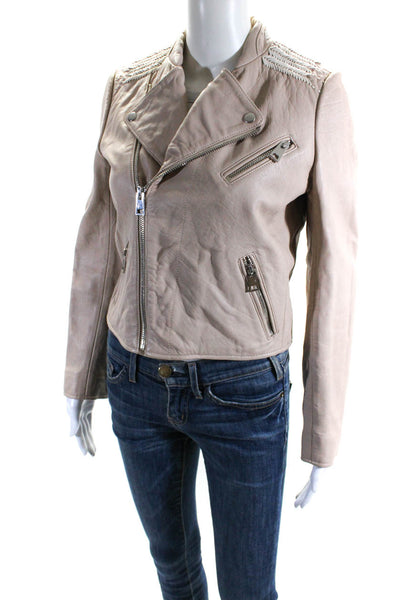 Maje Womens Leather Full Zip Stitched Trim Biker Jacket Beige Size 40
