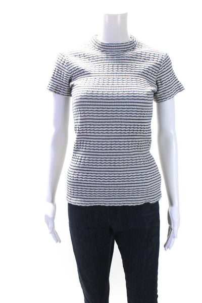 Mother Women's Round Neck Short Sleeves Blouse Blue White Stripe Size XS