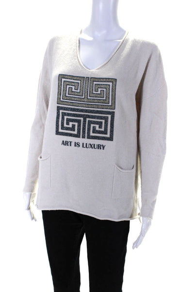 Au Soleil Womens Glitter Print Graphic Long Sleeve Pullover Sweater Beige Size L
