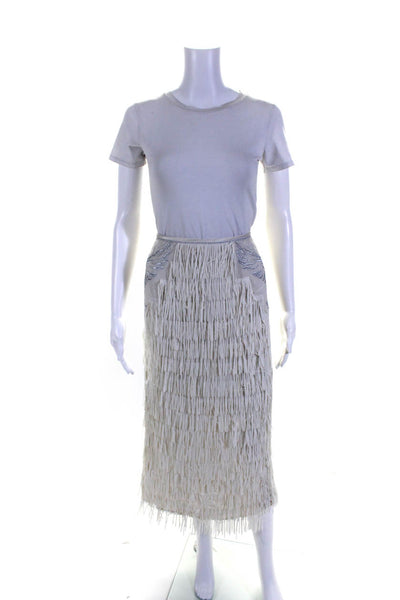 Flannel Womens Metallic Embroidered Tiered Fringe Midi Skirt White Gray Size 2