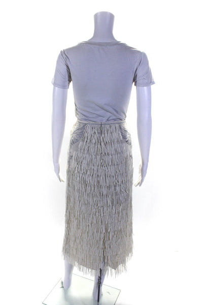 Flannel Womens Metallic Embroidered Tiered Fringe Midi Skirt White Gray Size 2