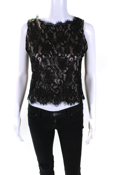 Natori Womens Lace Round Neck Sleeveless Pullover Blouse Top Black Size S