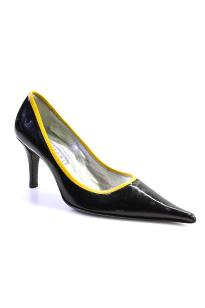 Priori Womens Black Yellow Trim Leather Pointed Toe Heels Pumps Shoes Size 6.5