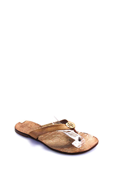 Tory Burch Womens Metal Accent Textured Leather Flat Flip Flops Brown Size 7