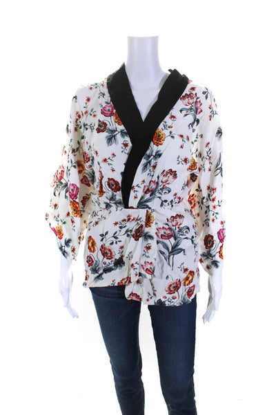 Acler Womens White Floral Print Open Back V-Neck 3/4 Sleeve Blouse Top Size 2