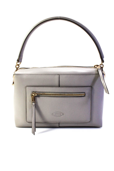 Tods Womens Top Handle T Case Logo Pocket Front Medium Shoulder Handbag Gray Lea