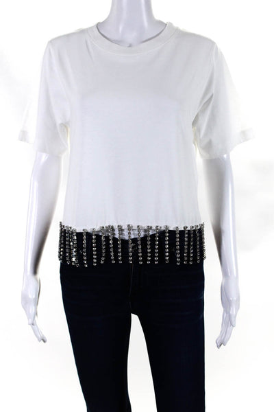Christopher Kane Womens Short Sleeve Rhinestone Fringe T shirt White Size S