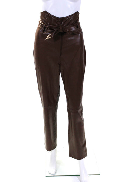 Nanushka Womens High Rise Belted Straight Leg Faux Leather Pants Brown Medium