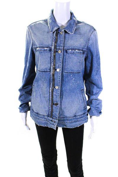 R+A Womens Blue Medium Wash Distress Zip Long Sleeve Denim Jacket Size L