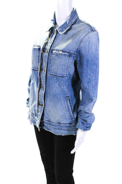 R+A Womens Blue Medium Wash Distress Zip Long Sleeve Denim Jacket Size L