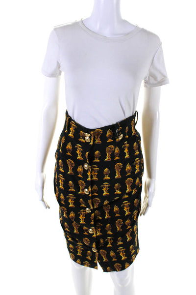 Chantal Thomass Womens Button Front Statue Print Skirt Black Brown Cotton Size 8