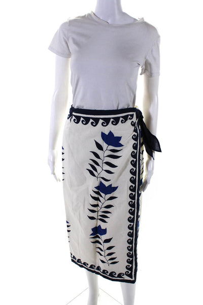 Carolina K Womens Embroidered Wrap Pencil Skirt White Navy Blue Size Small