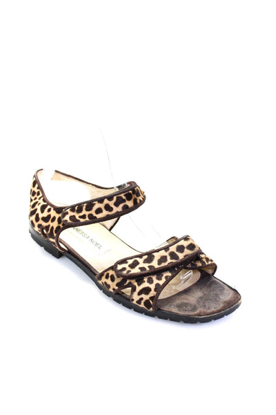 Vanessa Noel Womens Ponyhair Jaguar Print Ankle Strap Sandals Brown Size 6.5US