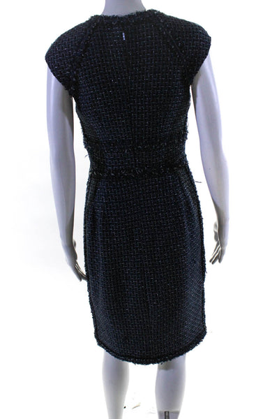 CH Carolina Herrera Womens Back Zip Fringe Trim Tweed Sheath Dress Navy Size 6