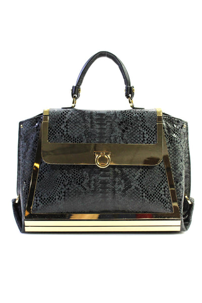 Salvatore Ferragamo Womens Gray Python Skin Print Gold Tone Flap Top Handle Bag